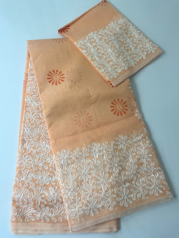 Supernet blockprinted saree with aari work MSUP314 Peach