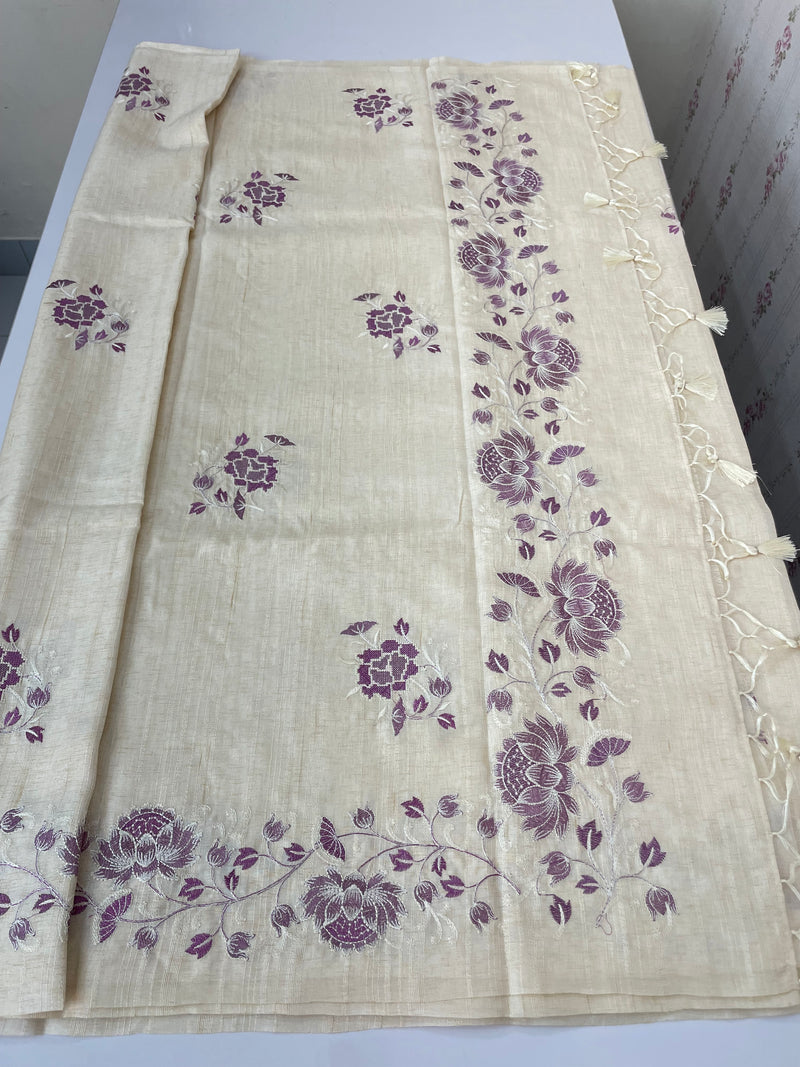 Blended tussar saree with embriodery - MS98765 Cream