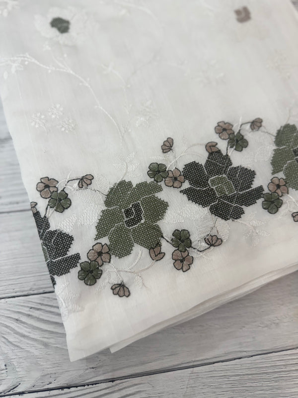 Crushed Blended tussar silk saree with cross stitch embroidery- MSB7979 White