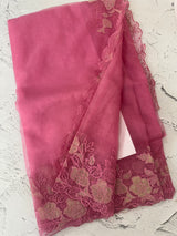 Semi Organza saree with applique borders - MCW799 Pink