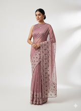 Glassy tissue organza saree with embroidery FKSF133- OnionPink