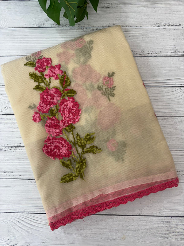 Viscose organza saree with cross stitch embroidery MS5089- PeachyPink