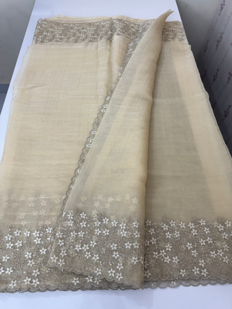 Crush tissue Organza saree with embroidery work MS14791- Beige