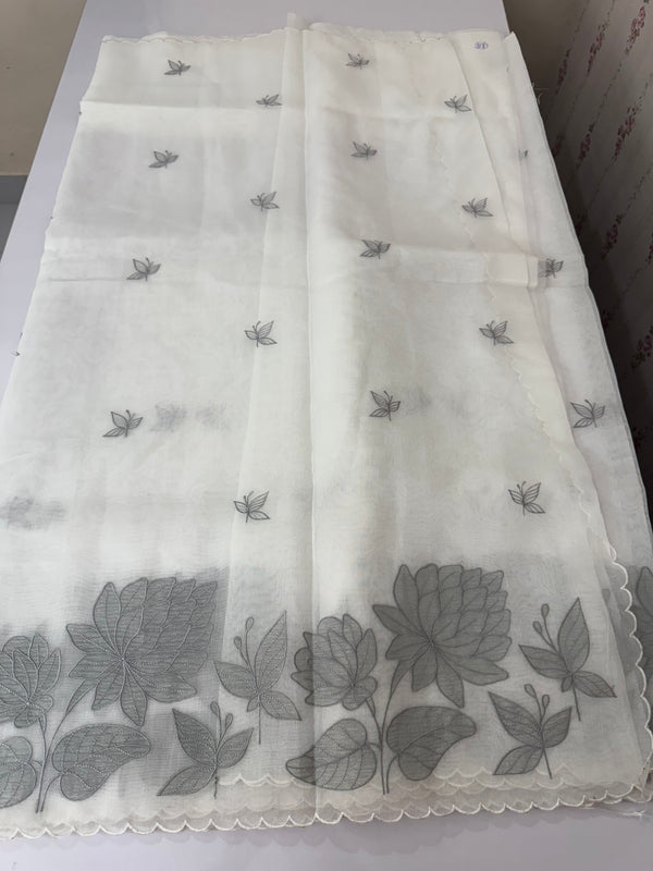 Tissue mix soft silk saree with applique work MTSS5432 White to Grey