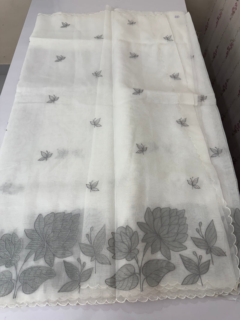 Tissue mix soft silk saree with applique work MTSS5432 White to Grey