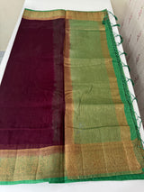 Jute silk sarees with contrast pallu & blouse MJL396 Wine to Green