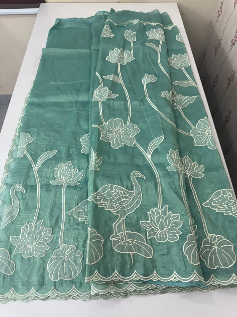 Crush Organza Applique work saree MS14987- Blue