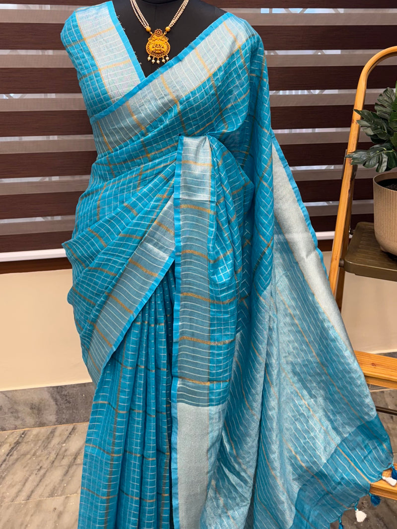 Pure Linen zari check saree MLS7869 BLUE