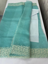 Glass organza saree with embroidery borders- MCW161 AquaBlue