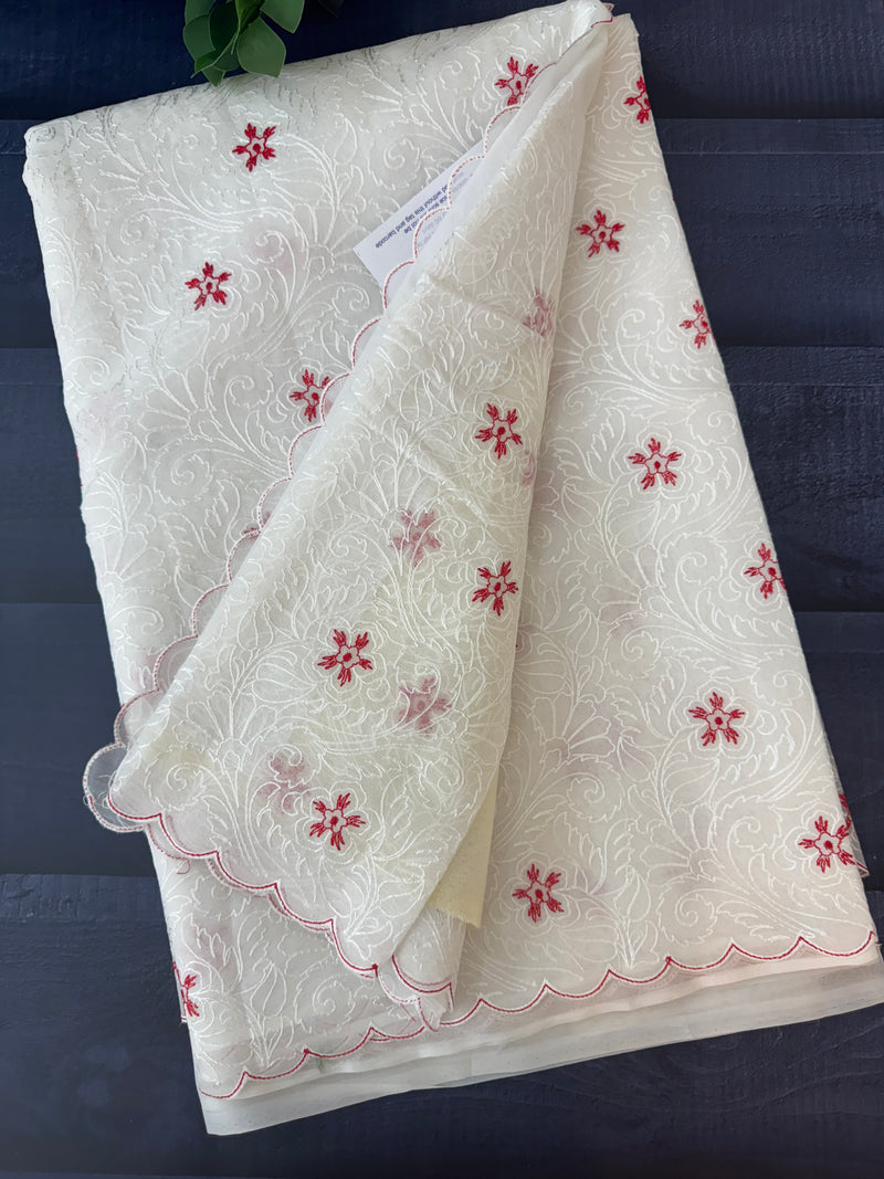 Soft organza saree with embroidery  MOS85  White & Red