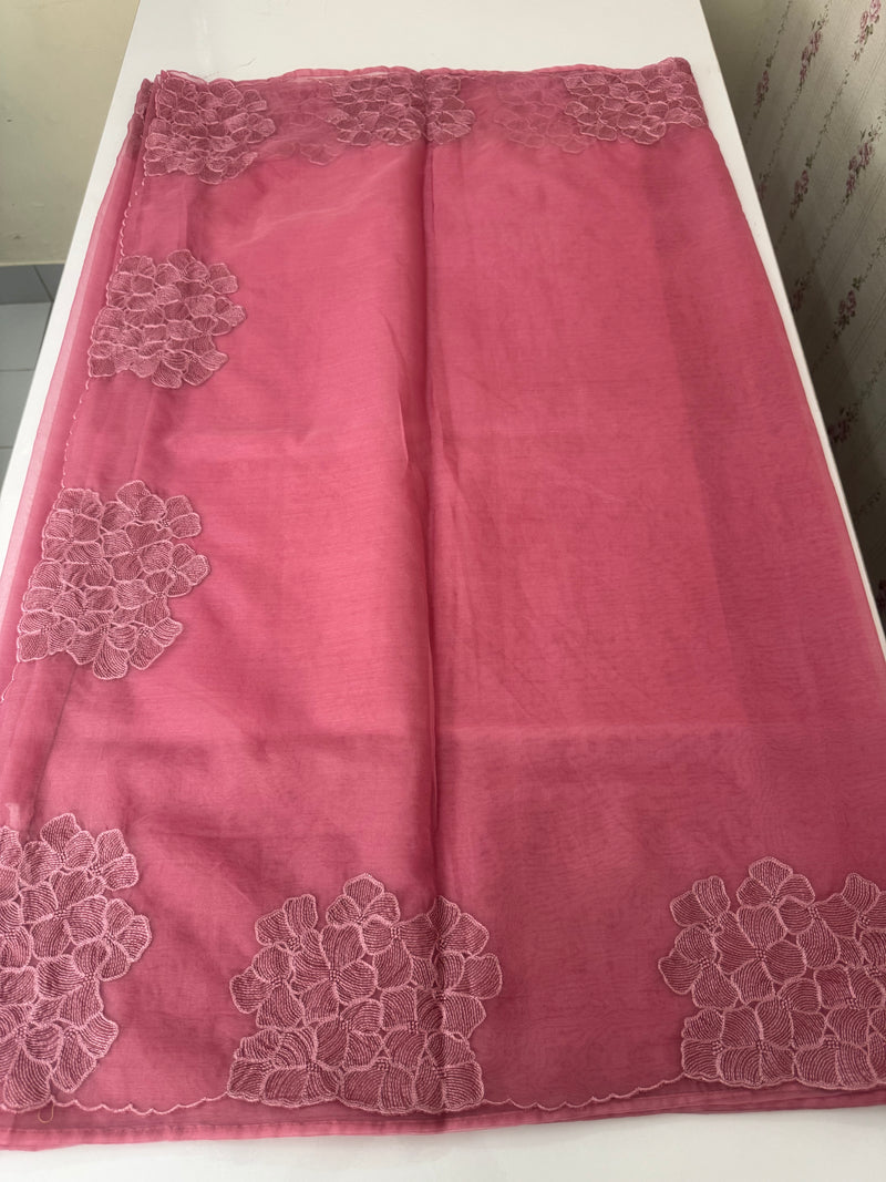 Semi organza saree with embroidery & scallop border - MSH901 - Pink