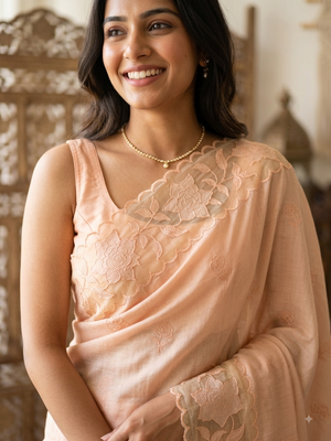 Soft Pashmina saree with organza Applique borders MSH251- PastelPeach
