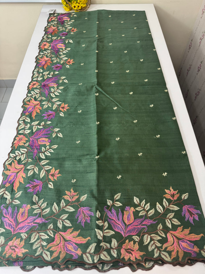 Crushed Blended tussar silk saree with embroidery- SNFCYEY- JadeGreen