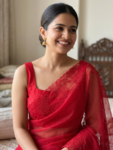 Moonga checks Applique work saree  MSH110- Red