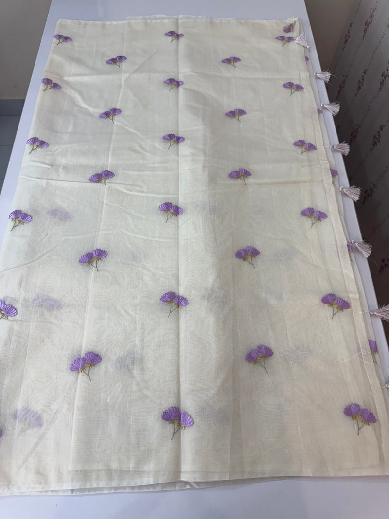 Mul chanderi saree with embriodery MSH114- Lavender flowers