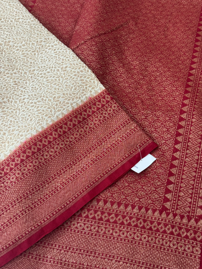 Semi katan Banarasi saree with antique zari weaving MSKZ250 Offwhite & MaroonRed