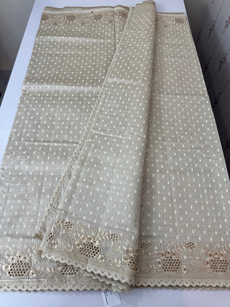 Cutwork blended tussar saree   - Cream MS5222