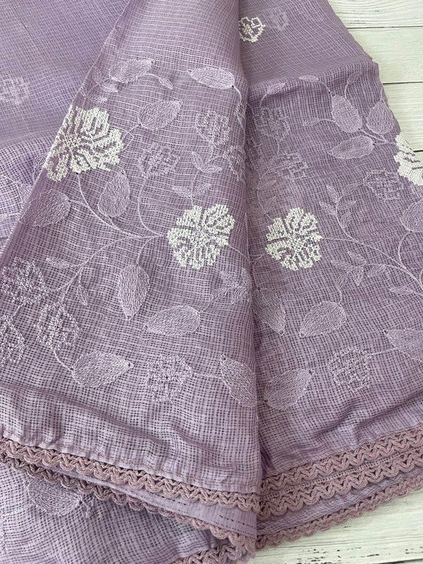 Soft kota checks saree with embroidery SVPIIY- Lavender