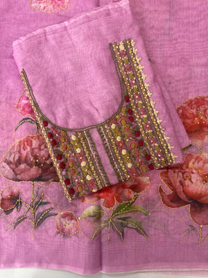 Unstitched Chanderi suit Set with kanta and knot embroidery- MK171