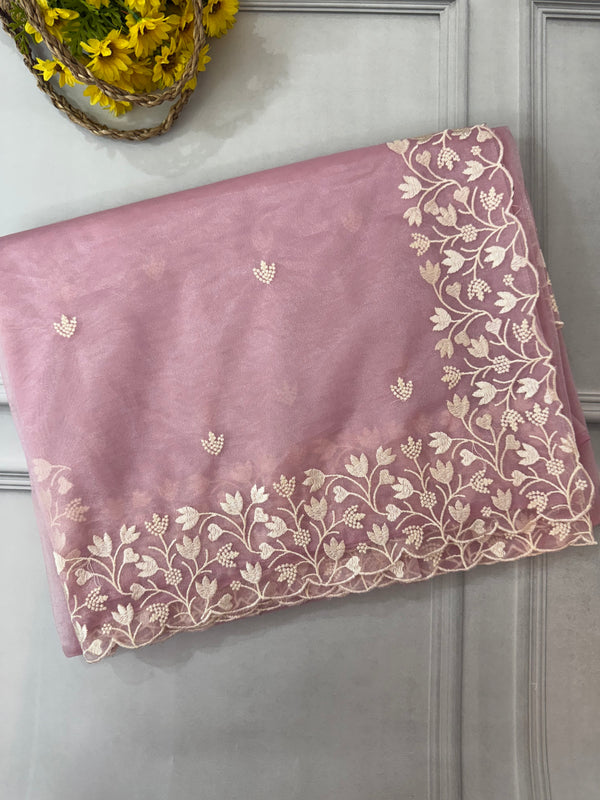 Glassy tissue organza saree with embroidery FKSF88- PastelPink