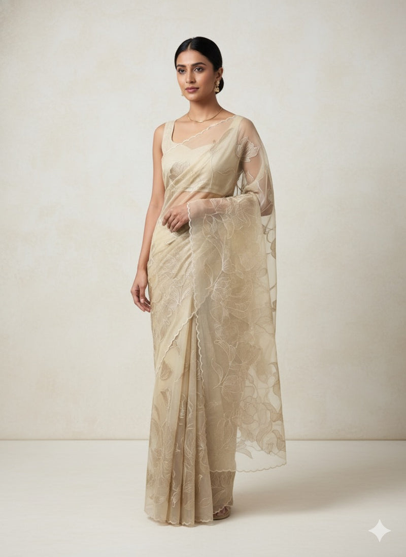 Organza saree with tissue applique work MS5081 - Beige