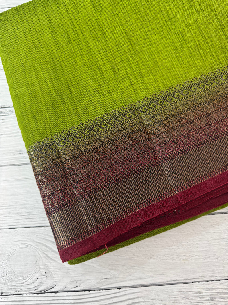 Jute silk sarees with contrast pallu & blouse MJL396 - ParrotGreen to MaroonRed