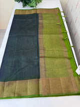 Jute silk sarees with contrast pallu & blouse MJL396- Black to Green