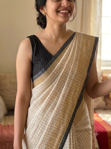 Linen checks saree with zari border MLS9766- Cream & Black