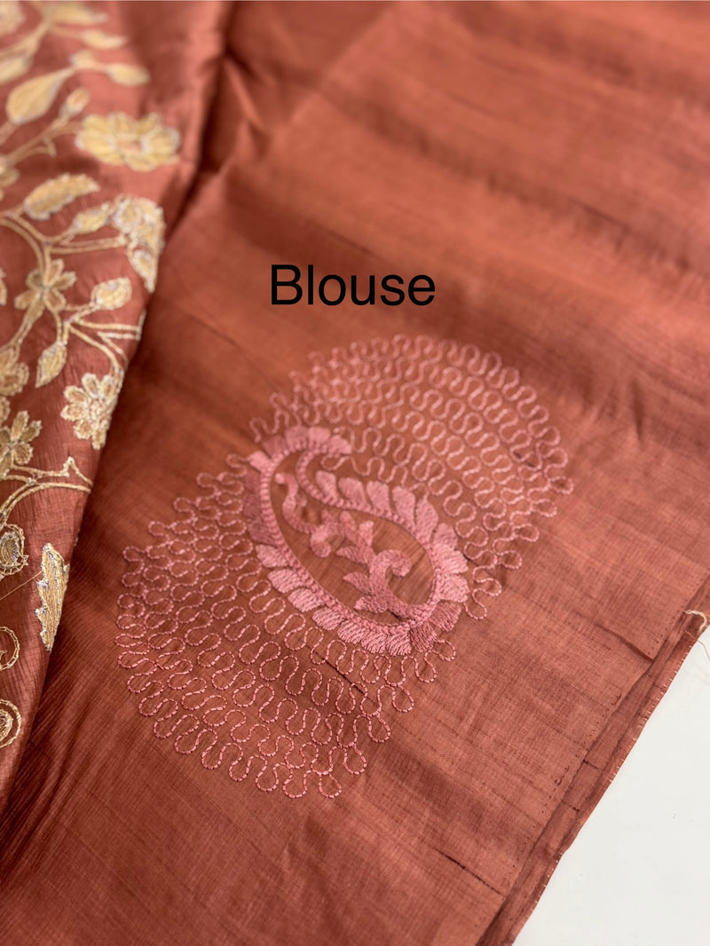 Crushed Blended tussar silk saree with embroidery- SNFCYEY Dusky Peach