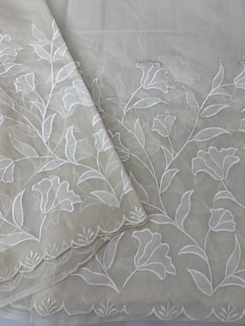 Mul chanderi applique work saree  MSH115 - Offwhite