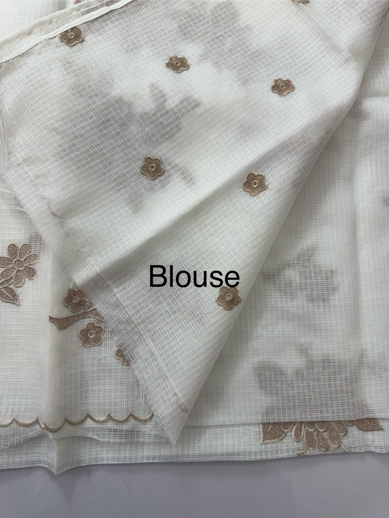 Soft kota silk saree with applique embroidery and scalloped border MS15232- Offwhite