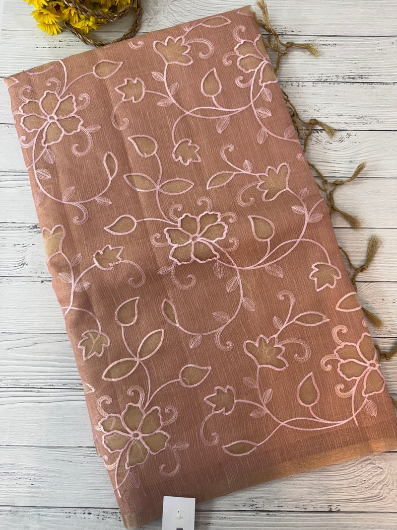 Tissue Silk applique work saree MS49811 - Peach