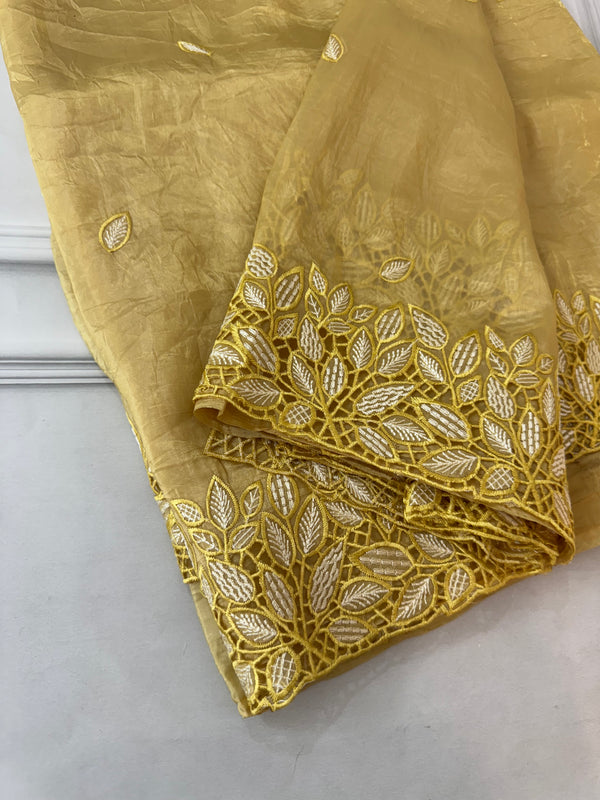 Crush Organza cutwork & embroidery saree FKSF179 Yellow