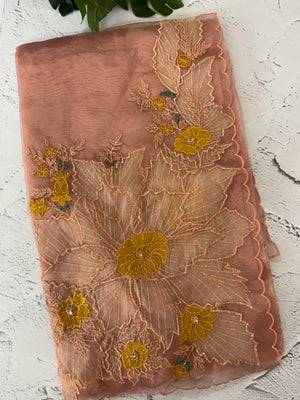 Designer Glass organza saree with applique work- MSH15195 Peach
