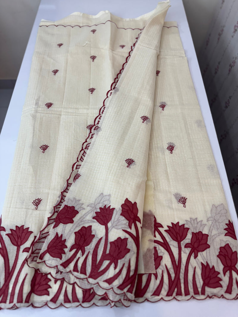 Jute Linen Applique work saree  -MSH128 Offwhite to MaroonRed