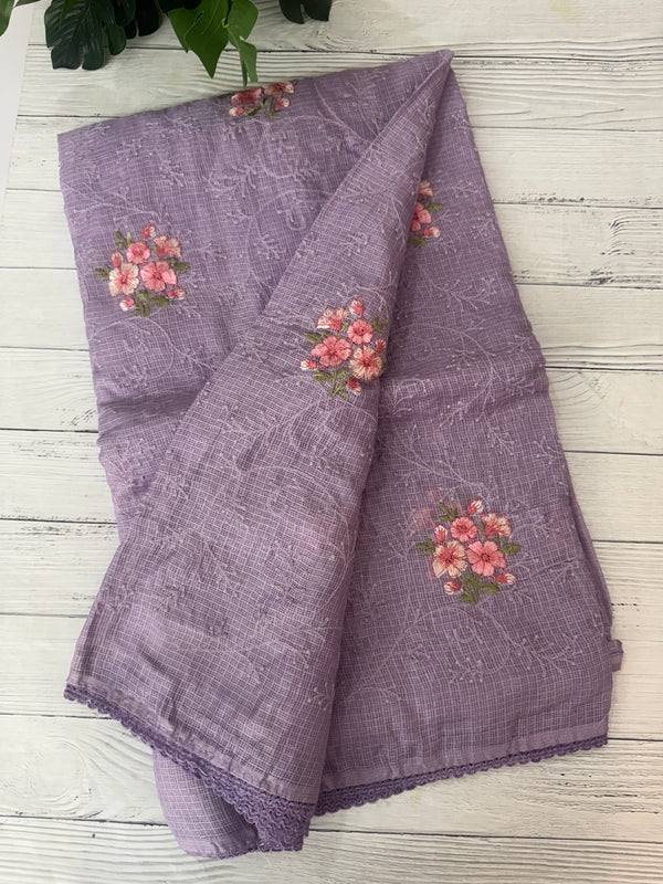 Soft kota checks saree with embroidery - SVPIRR Lavender