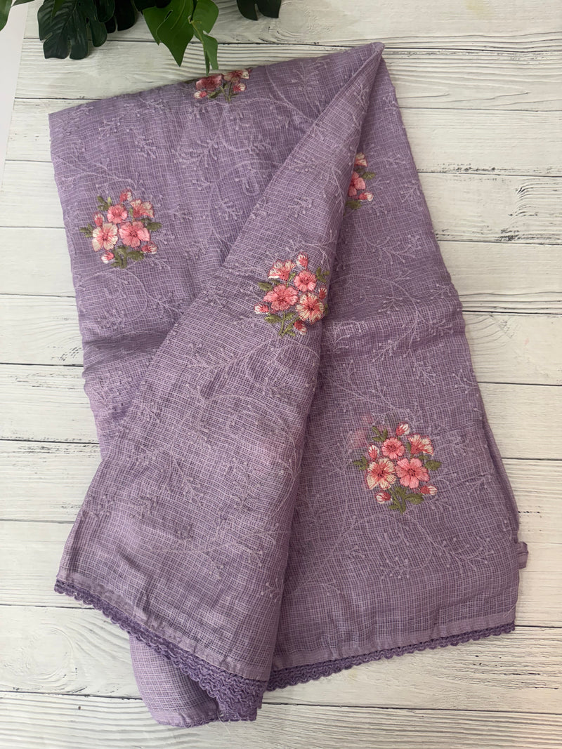 Soft kota checks saree with embroidery - SVPIRR Lavender