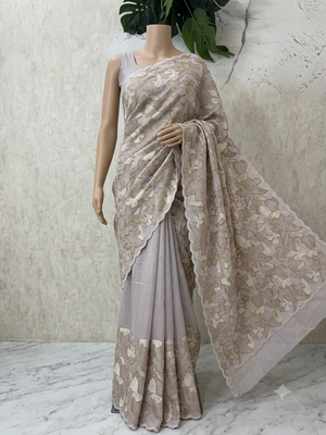 Jute Linen saree with thread work MSH206 - Lavender