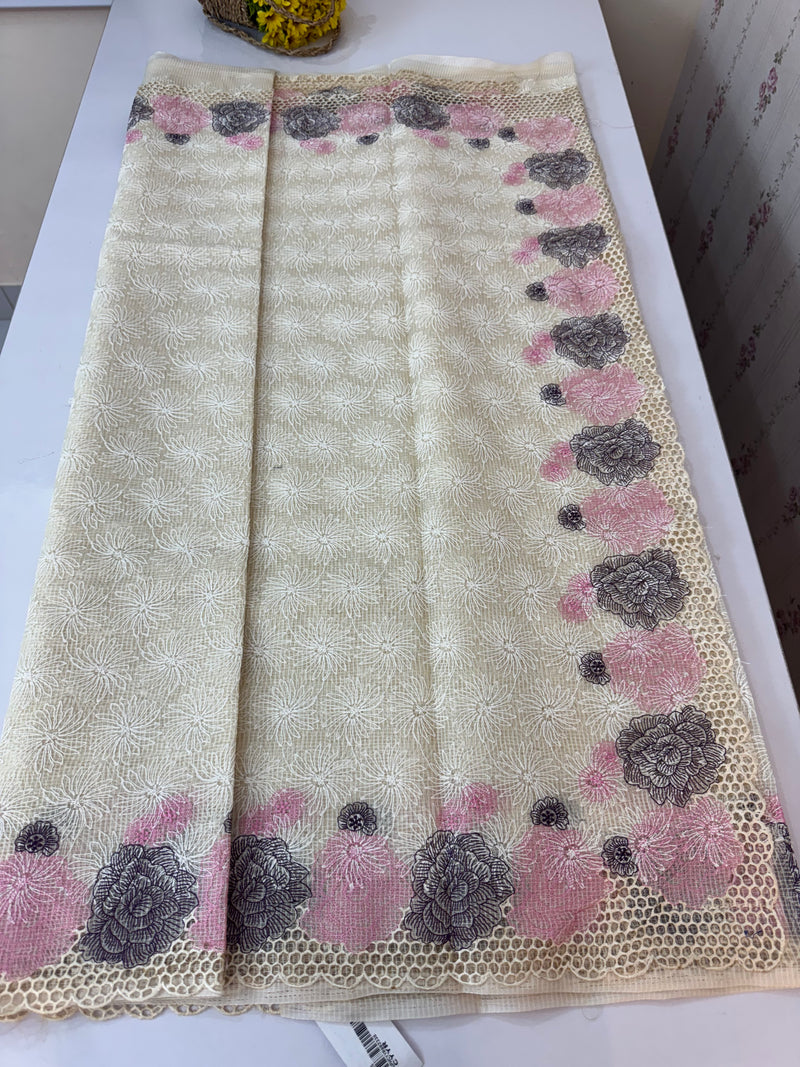 Cutwork Phulkari NetKota Embroidery saree - OffWhite