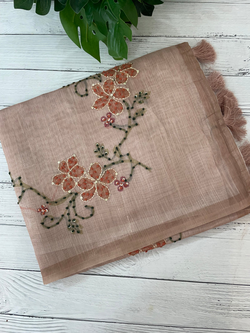 Soft Tissue linen saree with kanta embriodery saree FBLK72 - DuskyPeach