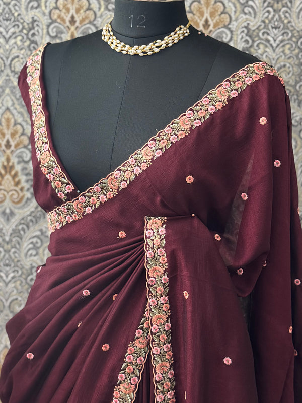 Crepe chiffon saree with Embroidery border- MS6544 Maroon