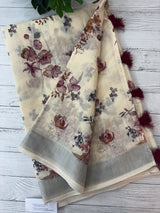 Handworked floral digital printed semi Linen Saree MLS611