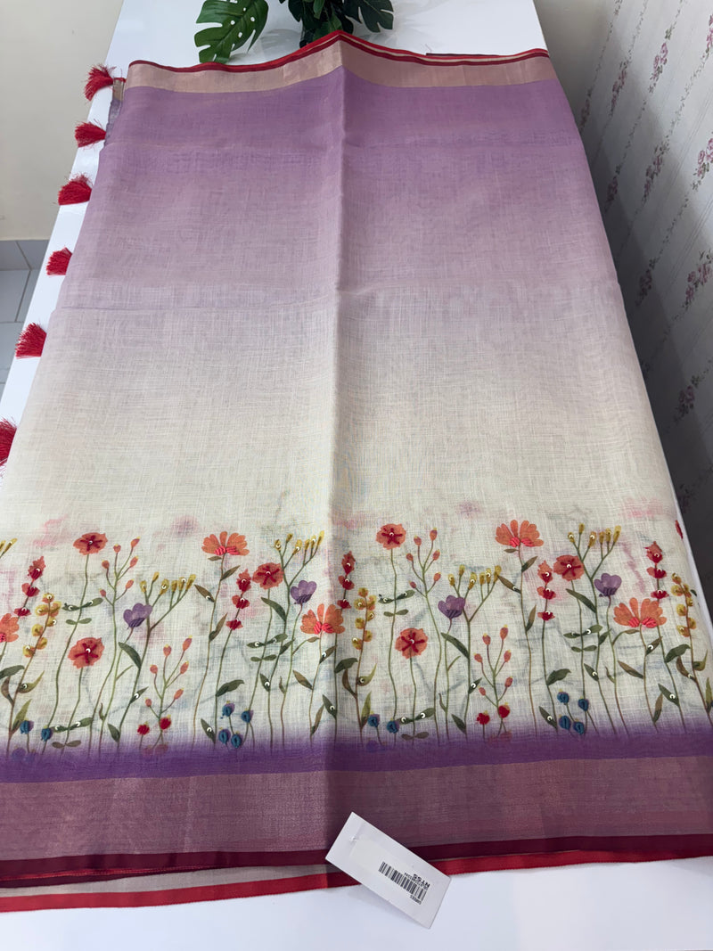 Handworked floral digital printed semi Linen Saree MLS611