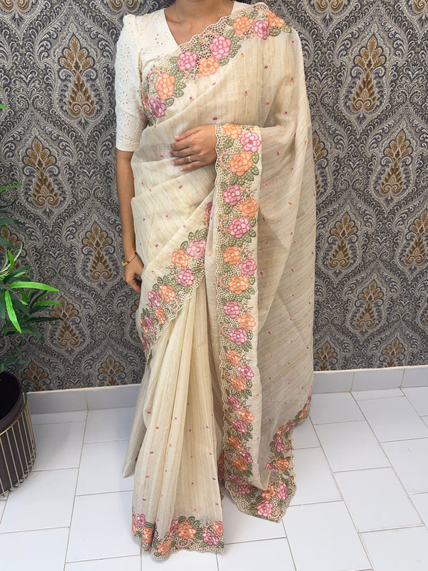 Embriodery Kota Silk Cutwork saree FBLK100 - Beige