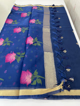 Semi jute silk saree with organza pallu MJL406 DarkBlue