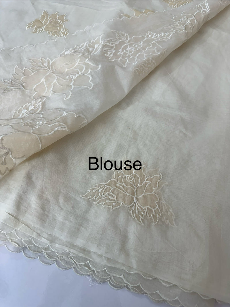 Mul chanderi applique work saree  MSH115 - Offwhite to Beige