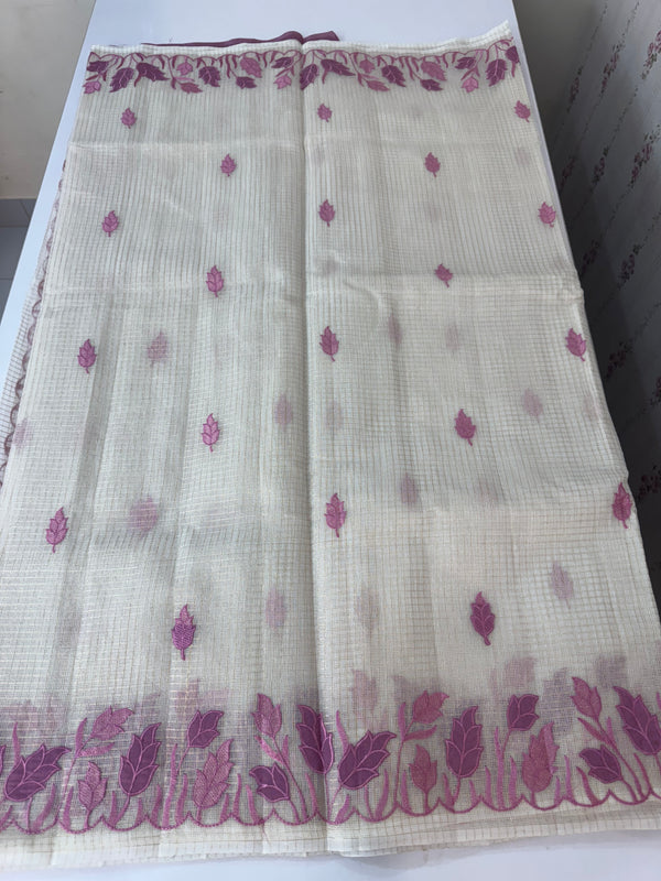 Tissue silk saree with zari checks and applique work  MSH105- Offwhite to PinkLavender