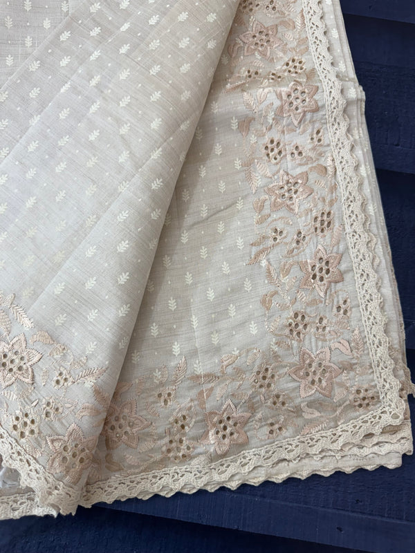 Cutwork blended tussar saree   - Cream MS5222