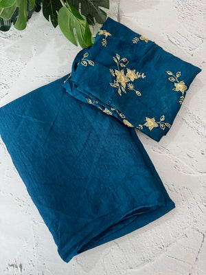 Plain crushed chiffon georgette saree with handworked blouse - MCB657