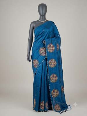 Blended art tussar silk saree with embroidery- MS1090 Teal